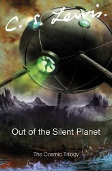 Out of the Silent Planet by C.S. Lewis, book cover depicting a figure confined within a spherical orb amidst a strange planet