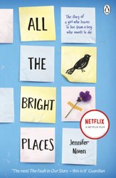 A collage of sticky notes with various designs. ALL, THE, BRIGHT, PLACES, the author's name. a bird, a flower.