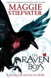 The Raven Boys by Maggie Stiefvater, book cover depicting a raven and inside a beating heart against a wisp-like background