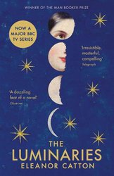 The Luminaries by Eleanor Catton, book cover depicting different faces of the moon and within each the segments of a woman's face in front of a starry background