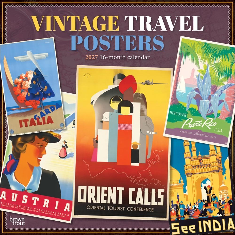 Vintage Travel Posters 2027 12 X 24 Inch (Hanging) Monthly Square Wall Calendar Plastic-Free