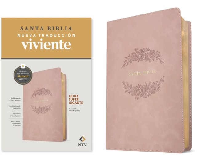 Biblia letra s√∫per gigante NTV, con Filament (SentiPiel, Rosado p√°lido, Letra Roja)